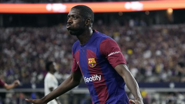Ousmane Dembélé #7 of FC Barcelona celebrates after scoring a goal during the first half of a pre-season friendly match against Real Madrid at AT&T Stadium on July 29, 2023 in Arlington, Texas. Sam Hodde/Getty Images/AFP (Photo by Sam Hodde / GETTY IMAGES NORTH AMERICA / Getty Images via AFP)