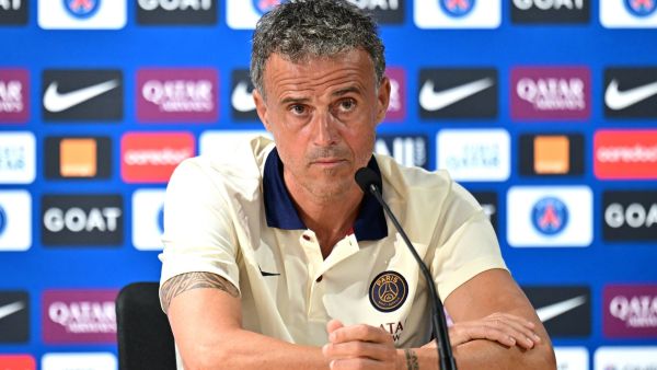 Paris Saint-Germain's Spanish headcoach Luis Enrique gives a press conference following Paris Saint-Germain (PSG)'s training session in Poissy, west of Paris on August 18, 2023. (Photo by Miguel MEDINA / AFP)