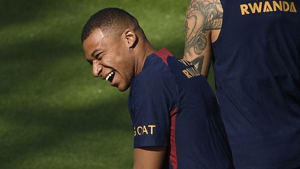 Paris Saint-Germain's French forward Kylian Mbappe reacts as he takes part in a training session at the new "campus" of French L1 Paris Saint-Germain (PSG) football club at Poissy, some 30kms west of Paris on July 20, 2023, ahead of the club's Japan tour. (Photo by JULIEN DE ROSA / AFP)
