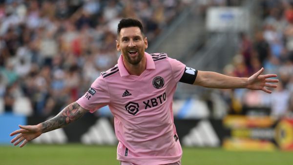 Inter Miami's Argentine forward #10 Lionel Messi celebrates scoring during the CONCACAF Leagues Cup semifinal football match between Inter Miami and Philadelphia Union at Subaru Park Stadium in Chester, Pennsylvania, on August 15, 2023. (Photo by ANGELA WEISS / AFP)