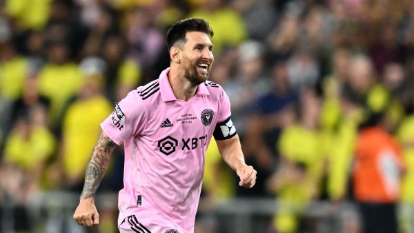 Inter Miami's Argentine forward #10 Lionel Messi celebrates after winning the Leagues Cup final football match against Nashville SC at Geodis Park in Nashville, Tennessee, on August 19, 2023. (Photo by CHANDAN KHANNA / AFP)