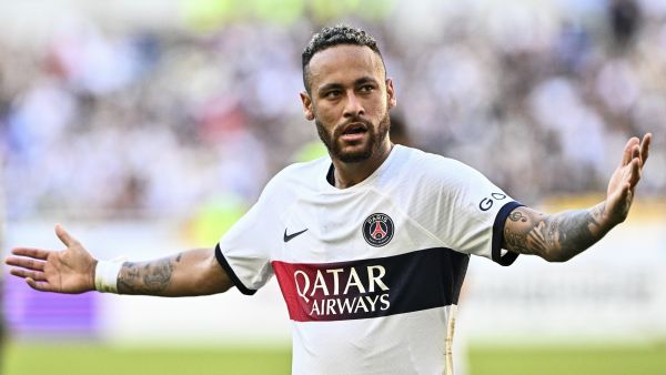 Paris Saint-Germain’s Neymar celebrates after scoring a goal against Jeonbuk Hyundai Motors during their friendly football match at the Asiad Main Stadium in Busan on August 3, 2023. (Photo by ANTHONY WALLACE / AFP)
