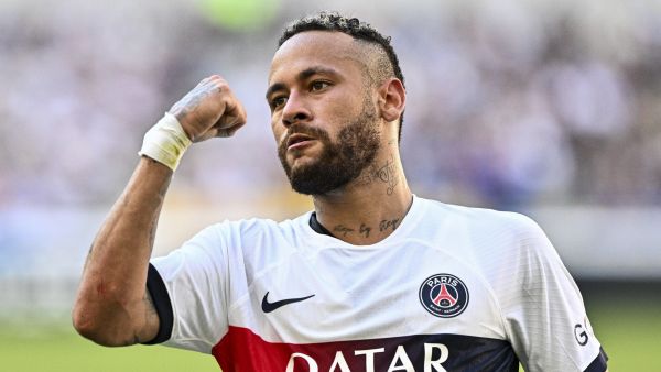Paris Saint-Germain’s Neymar celebrates after scoring a goal against Jeonbuk Hyundai Motors during their friendly football match at the Asiad Main Stadium in Busan on August 3, 2023. (Photo by ANTHONY WALLACE / AFP)
