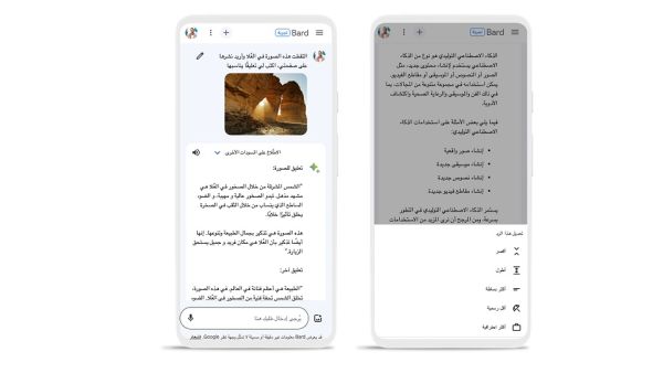 أطلقت Google أداة Bard القائمة على تقنية الذكاء الاصطناعي التوليدي باللغة الإنجليزية في شهر مارس الماضي. وتمّ إطلاقها لاحقًا في يوليو في أكثر من 40 لغة من ضمنها العربية. Google تطلق إمكانية سؤال Bard باستخدام الصور باللغة العربية