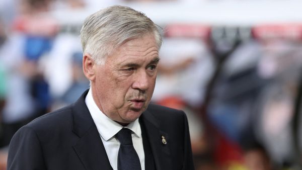 Real Madrid's Italian coach Carlo Ancelotti reacts during the Spanish league football match between Real Madrid CF and UD Las Palmas at the Santiago Bernabeu stadium in Madrid on September 27, 2023. (Photo by Thomas COEX / AFP)
