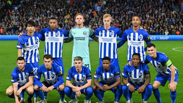 Brighton players pose for team photo during the UEFA Europa League Group B football match between Brighton and Hove Albion and AEK Athens at the American Express Community Stadium in Brighton, southern England on September 21, 2023. (Photo by Glyn KIRK / AFP)