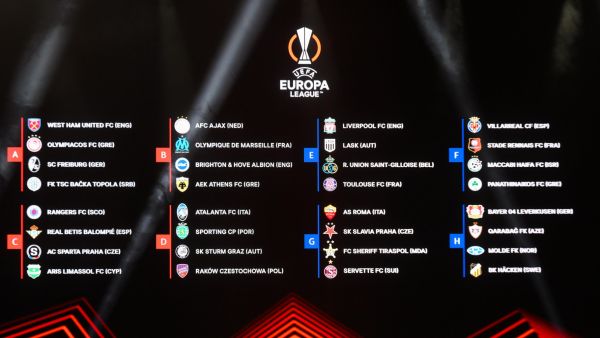 This photograph taken on September 1, 2023 shows a screen displaying the fixtures for the group stages of the UEFA Europa League after the draw for the 2023/2024 UEFA Europa League football tournament at The Grimaldi Forum in the Principality of Monaco. (Photo by NICOLAS TUCAT / AFP)