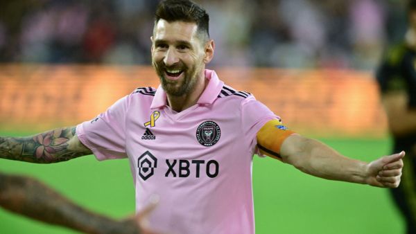 Inter Miami's Argentine forward #10 Lionel Messi celebrates Inter Miami's Argentine midfielder #11 Facundo Farias' goal during the Major League Soccer (MLS) football match between Inter Miami CF and Los Angeles FC at BMO Stadium in Los Angeles, California, on September 3, 2023. (Photo by Frederic J. Brown / AFP)