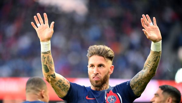 Paris Saint-Germain's Spanish defender Sergio Ramos celebrates scoring his team's first goal during the French L1 football match between Paris Saint-Germain (PSG) and Clermont Foot 63 at the Parc des Princes Stadium in Paris on June 3, 2023. (Photo by FRANCK FIFE / AFP)