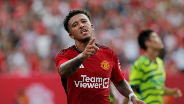 Jadon Sancho of Manchester United celebrates after scoring during the friendly football match between Manchester United and Arsenal at MetLife Stadium in East Rutherford, New Jersey, on July 22, 2023. (Photo by Leonardo Munoz / AFP)