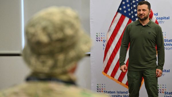 Ukrainian President Volodymyr Zelensky speaks while visiting with wounded Ukrainian soldiers at the Staten Island University Hospital in the Staten Island borough of New York City on September 18, 2023. (Photo by ANGELA WEISS / AFP) Iranian weapons
