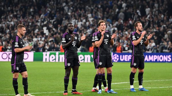 (LtoR) Bayern Munich's German midfielder #06 Joshua Kimmich, Bayern Munich's French defender #02 Dayot Upamecano, Bayern Munich's German midfielder #08 Leon Goretzka and Bayern Munich's English forward #09 Harry Kane celebrate at the end of the UEFA Champions League Group A football match between FC Copenhagen and FC Bayern Munich in Copenhagen, Denmark on October 3, 2023. Bayern Munich won the match 2-1. (Photo by Sergei GAPON / AFP)