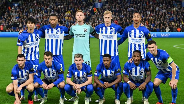 Brighton players pose for team photo during the UEFA Europa League Group B football match between Brighton and Hove Albion and AEK Athens at the American Express Community Stadium in Brighton, southern England on September 21, 2023. (Photo by Glyn KIRK / AFP)