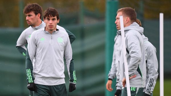 Celtic's Portuguese midfielder #28 Paulo Bernardo (2L) attends a team training session at the Celtic Training Centre in Lennoxtown, north of Glasgow on October 24, 2023, on the eve of their UEFA Champions League Group E football match against Atletico Madrid. (Photo by ANDY BUCHANAN / AFP)