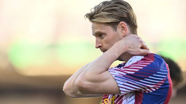 Barcelona's Dutch midfielder #21 Frenkie de Jong looks on before the start of the Spanish Liga football match between FC Barcelona and RC Celta de Vigo at the at the Estadi Olimpic Lluis Companys in Barcelona on September 23, 2023. (Photo by Pau BARRENA / AFP)