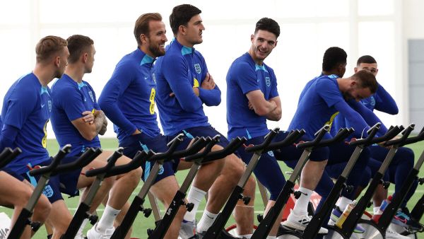 England's striker Harry Kane (3L), England's defender Harry Maguire (C) and England's midfielder Declan Rice (4R) react during an England football team training session at St George's Park in Burton-on-Trent, central England, on October 10, 2023. (Photo by Darren Staples / POOL / AFP)