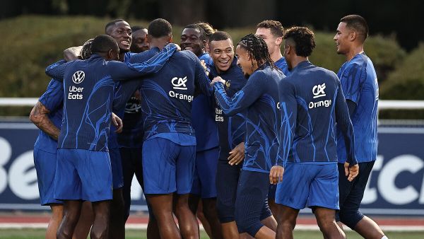France's forward Kylian Mbappe (C) reacts during a training session in Clairefontaine-en-Yvelines on October 10, 2023 as part of the team's preparation for upcoming UEFA Euro 2024 football tournament qualifying matches. France will play against Netherlands in the Group B of Euro 2024 qualifiers. (Photo by FRANCK FIFE / AFP)