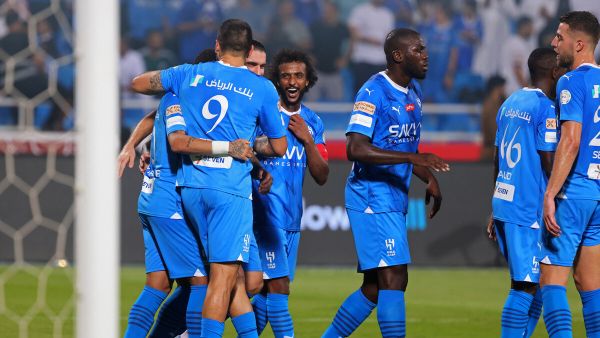 Hilal's Serbian forward #09 Aleksandar Mitrovic celebrates after scoring his team's second goal during the Saudi Pro League football match between Al-Hilal and Al-Shabab at Prince Faisal Bin Fahd Stadium in Riyadh on September 29, 2023. (Photo by Fayez NURELDINE / AFP)