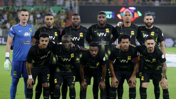 Ittihad's players pose for a group photo ahead of the Saudi Pro League football match between Al-Ittihad and Al-Tai at the Prince Abdullah al-Faisal Stadium in Jeddah on August 19, 2023. (Photo by AFP)