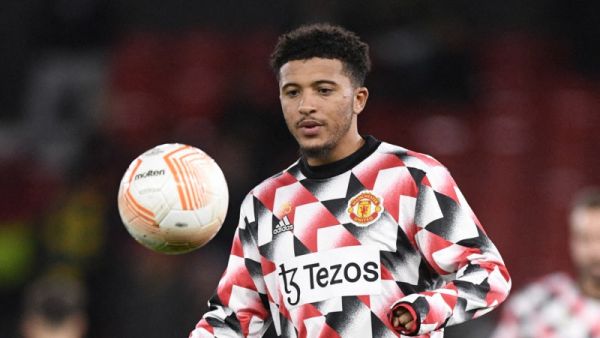 Manchester United's English striker Jadon Sancho warms up ahead of the UEFA Europa League Group E football match between Manchester United and Omonoia Nicosia, at Old Trafford stadium, in Manchester, north-west England, on October 13, 2022. (Photo by Oli SCARFF / AFP)
