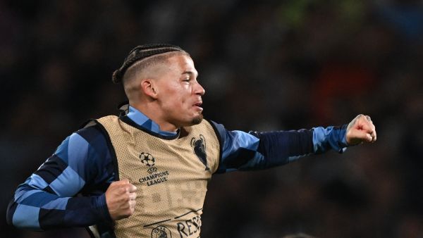 Manchester City's English midfielder #4 Kalvin Phillips celebrates winning the UEFA Champions League final football match between Inter Milan and Manchester City at the Ataturk Olympic Stadium in Istanbul, on June 10, 2023. Manchester City won the match 1-0. (Photo by Paul ELLIS / AFP)