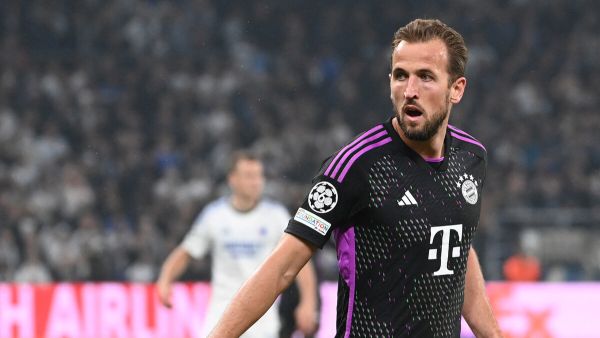 Bayern Munich's English forward #09 Harry Kane gestures during the UEFA Champions League Group A football match between FC Copenhagen and FC Bayern Munich in Copenhagen, Denmark on October 3, 2023. (Photo by Sergei GAPON / AFP)