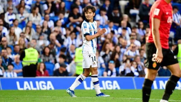 Real Sociedad's Japanese forward #14 Takefusa Kubo reacts during the Spanish league football match between Real Sociedad and RCD Mallorca at the Reale Arena stadium in San Sebastian on October 21, 2023. (Photo by ANDER GILLENEA / AFP)