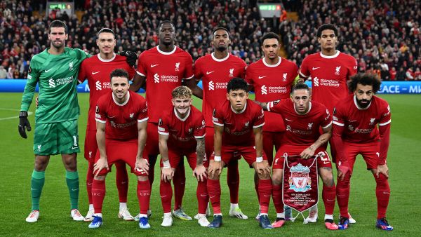 Liverpool players pose for a team photo ahead of kick off in the UEFA Europa League group E football match between Liverpool and Royale Union Saint-Gilloise at Anfield in Liverpool, north west England on October 5, 2023. (Photo by Oli SCARFF / AFP)