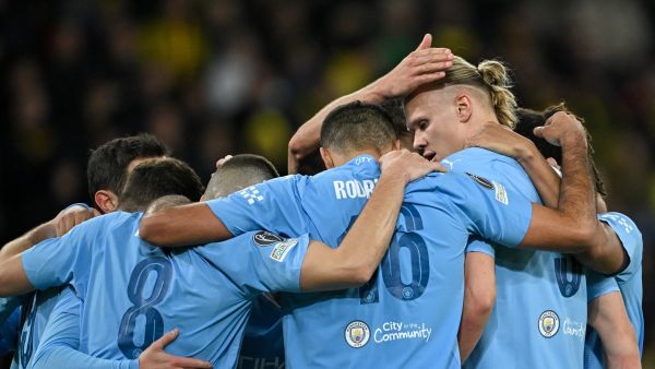 Manchester City's Norwegian striker #09 Erling Haaland (2ndL) celebrates scoring his team's third goal with teammates during the UEFA Champions League Group G football match between Young Boys (SUI) and Manchester City (ENG) at The Wankdorf Stadium, in Bern on October 25, 2023. (Photo by Fabrice COFFRINI / AFP)