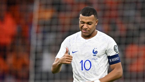 France's forward Kylian Mbappé reacts during the Euro 2024 qualifying football match between the Netherlands and France at the Johan Cruijff ArenA in Amsterdam on October 13, 2023. (Photo by JOHN THYS / AFP)