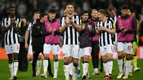 Newcastle United's Swiss defender #05 Fabian Schar (C) reacts after the UEFA Champions League Group F football match between Newcastle United and Paris Saint-Germain at St James' Park in Newcastle-upon-Tyne, north east England on October 4, 2023. Newcastle won the match 4-1.C (Photo by Paul ELLIS / AFP)