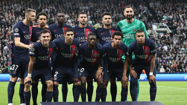 PSG players pose for a team photo ahead of the UEFA Champions League Group F football match between Newcastle United and Paris Saint-Germain at St James' Park in Newcastle-upon-Tyne, north east England on October 4, 2023. Newcastle won the match 4-1. (Photo by FRANCK FIFE / AFP)