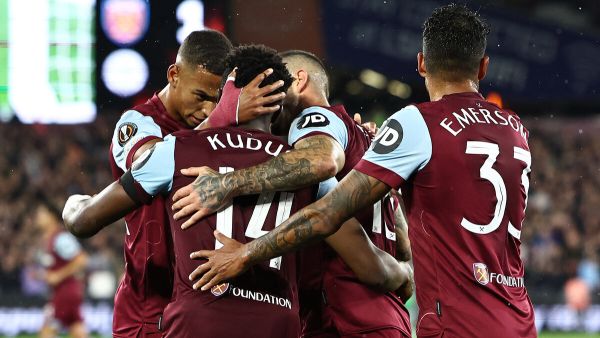 West Ham United's Ghanaian midfielder #14 Mohammed Kudus celebrates with teammates after scoring a goal during the UEFA Europa League group A football match between West Ham United and Backa Topola at The London Stadium in east London on September 21, 2023. (Photo by HENRY NICHOLLS / AFP)