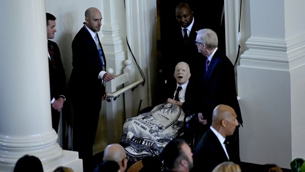 Former US President Jimmy Carter arrives for a tribute service for former US First Lady Rosalynn Carter, at Glenn Memorial Church in Atlanta, Georgia, on November 28, 2023. (ANDREW CABALLERO-REYNOLDS/ AFP)