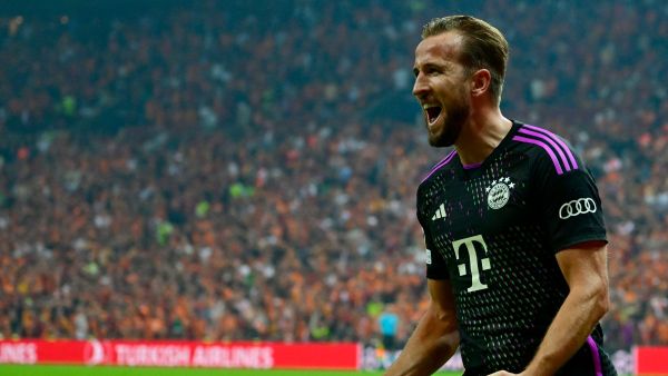 Bayern Munich's English forward #09 Harry Kane celebrates after scoring a goal during the UEFA Champions League group stage football match between Galatasaray and Bayern Munich at the Ali Sami Yen Spor Kompleksi in Istanbul on October 24, 2023. (Photo by YASIN AKGUL / AFP)