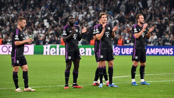 (LtoR) Bayern Munich's German midfielder #06 Joshua Kimmich, Bayern Munich's French defender #02 Dayot Upamecano, Bayern Munich's German midfielder #08 Leon Goretzka and Bayern Munich's English forward #09 Harry Kane celebrate at the end of the UEFA Champions League Group A football match between FC Copenhagen and FC Bayern Munich in Copenhagen, Denmark on October 3, 2023. Bayern Munich won the match 2-1. (Photo by Sergei GAPON / AFP)