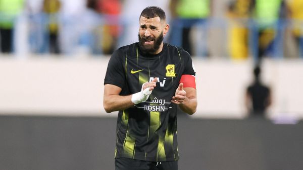 Ittihad's French forward #09 Karim Benzema gestures during the Saudi Pro League football match between Al-Ittihad and Al-Akhdoud at Prince Hathloul bin Abdulaziz Stadium in Najran on September 14, 2023. (Photo by AFP)