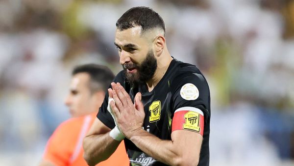 Ittihad's French forward #09 Karim Benzema gestures during the Saudi Pro League football match between Al-Ittihad and Al-Akhdoud at Prince Hathloul bin Abdulaziz Stadium in Najran on September 14, 2023. (Photo by AFP)