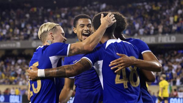 Mason Burstow #48 of Chelsea FC celebrates a goal during the second half of the pre-season friendly match against Borussia Dortmund at Soldier Field on August 02, 2023 in Chicago, Illinois. Justin Casterline/Getty Images/AFP (Photo by Justin Casterline / GETTY IMAGES NORTH AMERICA / Getty Images via AFP)