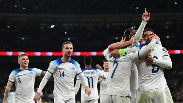 England's striker #09 Harry Kane celebrates after scoring his team thrid goal during the Euro 2024 qualifying group C football match between England and Italy at Wembley, in London, on October 17, 2023. (Photo by Glyn KIRK / AFP)