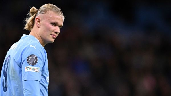 Manchester City's Norwegian striker #09 Erling Haaland reacts during the UEFA Champions League Group B second leg football match between Manchester City and Young Boys at the Etihad Stadium in Manchester, north west England, on November 7, 2023. (Photo by Oli SCARFF / AFP)