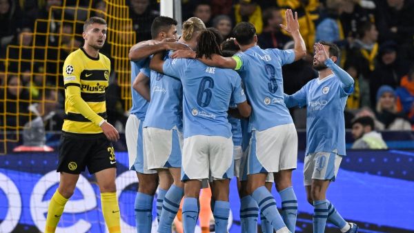 Manchester City's Norwegian forward #09 Erling Haaland (3rdL) celebrates scoring his team's third goal with teammates during the UEFA Champions League Group G football match between Young Boys (SUI) and Manchester City (ENG) at The Wankdorf Stadium, in Bern on October 25, 2023. (Photo by GABRIEL MONNET / AFP)