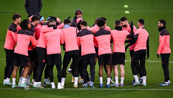 Manchester City players attend a training session at Manchester City's training ground in north-west England on November 27, 2023, ahead of their UEFA Champions League Group G football match against RB Leipzig. (Photo by Paul ELLIS / AFP)