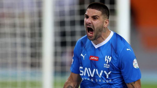 Hilal's Serbian forward #09 Aleksandar Mitrovic reacts after a goal during the Saudi Pro League football match between Al-Ittihad and Al-Hilal at Prince Abdullah al-Faisal Stadium in Jeddah on September 1, 2023. (Photo by AFP)