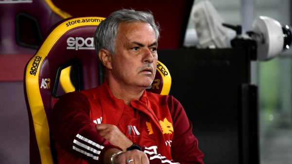 Roma's Portugese coach Jose Mourinho attends the Italian Serie A football match between AS Roma and Frosinone Calcio at the Olympic Stadium in Rome on October 1, 2023. (Photo by Filippo MONTEFORTE / AFP)