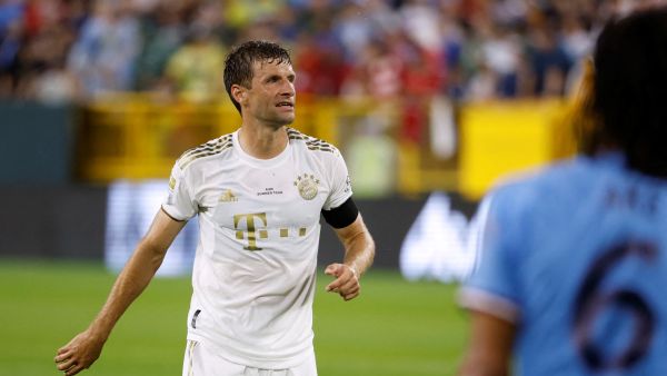 Bayern Munich's German forward Thomas Muller looks on during the international friendly match between Manchester City and FC Bayern Munich at at Lambeau Field in Green Bay, Wisconsin, on July 23, 2022. (Photo by Kamil KRZACZYNSKI / AFP)