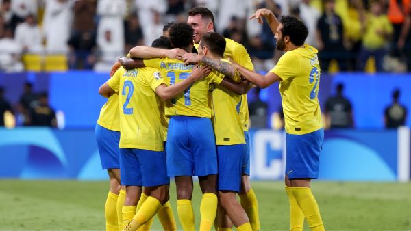 Nassr's teammates celebrate a goal during the AFC Champions League Group E football match between Saudi's al-Nassr and Qatar’s al-Duhail at the King Saud University Stadium in Riyadh on October 24, 2023. (Photo by Fayez NURELDINE / AFP)