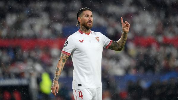 Sevilla's Spanish defender #04 Sergio Ramos gestures during the UEFA Champions League 1st round day 3 Group B football match between Sevilla FC and Arsenal at the Ramon Sanchez Pizjuan stadium in Seville on October 24, 2023. (Photo by JORGE GUERRERO / AFP)