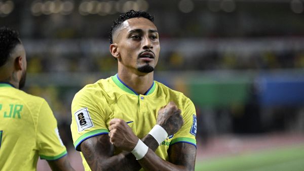 Brazil's forward Raphinha celebrates after scoring a goal during the 2026 FIFA World Cup South American qualifiers football match between Brazil and Bolivia at the Jornalista Edgar Proença 'Mangueirao' stadium, in Belem, state of Para, Brazil, on September 8, 2023. (Photo by CARL DE SOUZA / AFP)