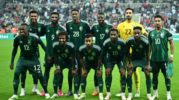 Saudi players pose for a group picture before the international friendly football match between Saudi Arabia and Costa Rica at St James' Park in Newcastle-upon-Tyne, northeast England, on September 8, 2023. (Photo by Oli SCARFF / AFP)